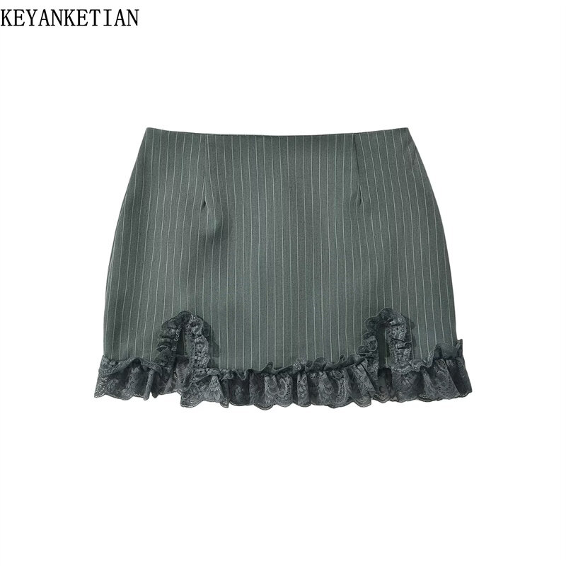 EllYANEllTIAN-Mini jupe rayée avec décoration en dentelle pour femme, fermeture éclair latérale, fente haute sur le côté audio, chaude, douce, sexy, maigre, nouveau lancement