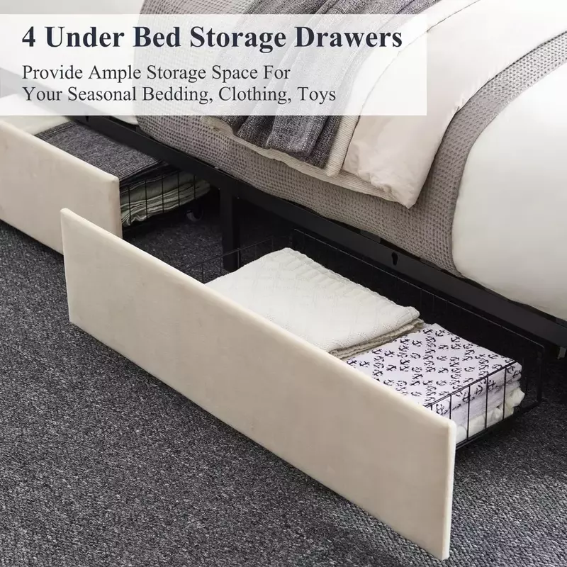Мебель для спальни, Большая мягкая платформа, платформа для кровати с 4 ящиками для хранения, регулируемое бархатное изголовье кровати с заклепками