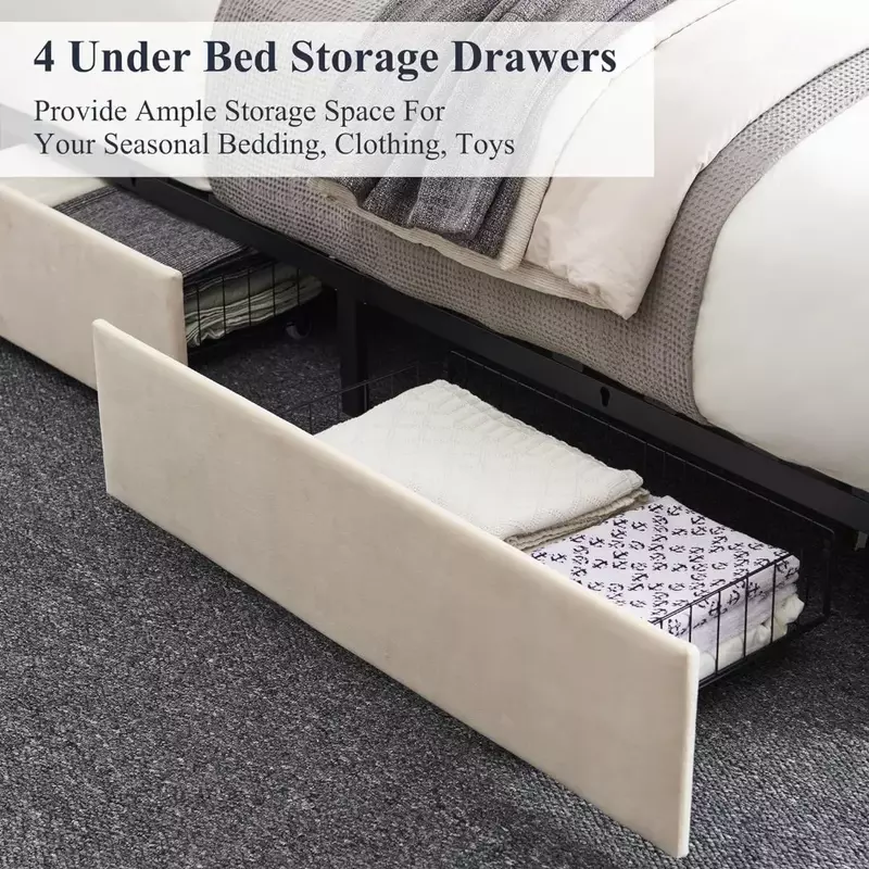 Bedroom furniture, large upholstered platform, bed frame platform with 4 storage drawers, adjustable velvet rivet headboard