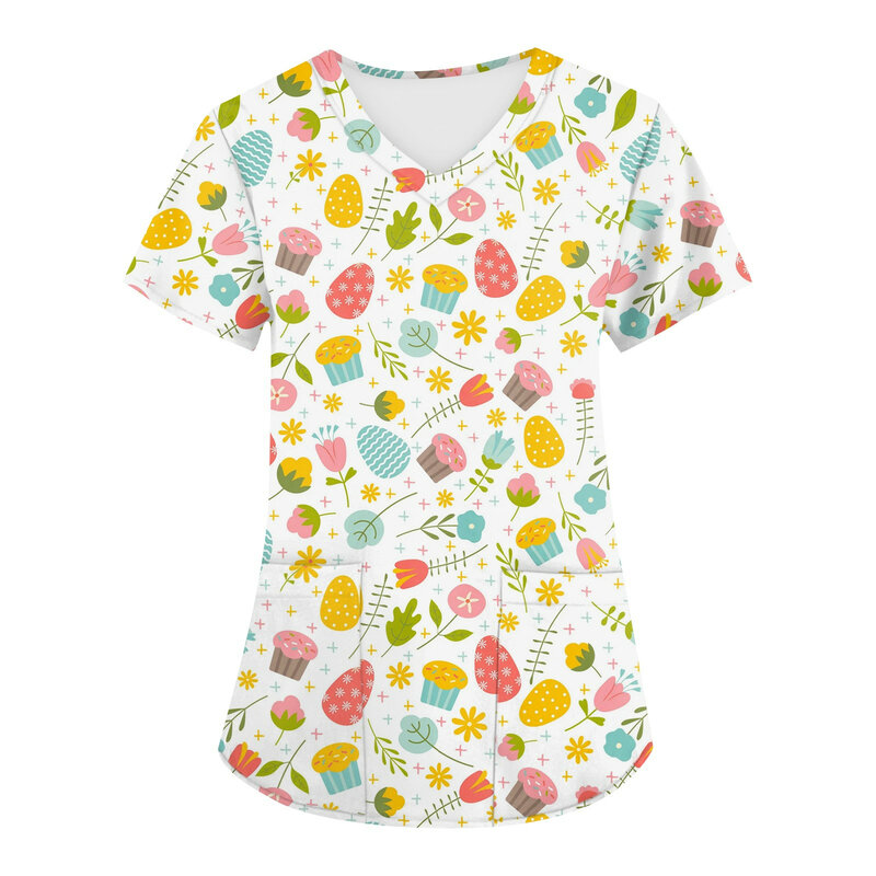 Top de esfoliante estampado em ovos de Páscoa para mulheres uniforme com decote em v, blusa com bolsos, camiseta de enfermagem, blusa de manga curta