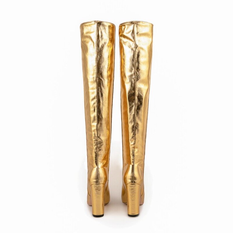 Fashionable Metal Patterned Gold Silver Long Boots Women's New European American Winter Short Plush Knee High Boots Size 35-45