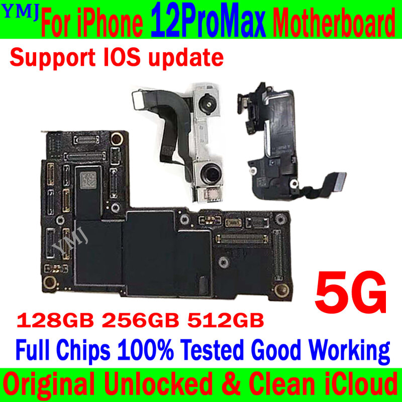 Placa-mãe desbloqueada para iPhone 12 Pro Max e 12 Mini, placa lógica original, ICloud limpo, testado completamente, 64GB 128GB 256GB