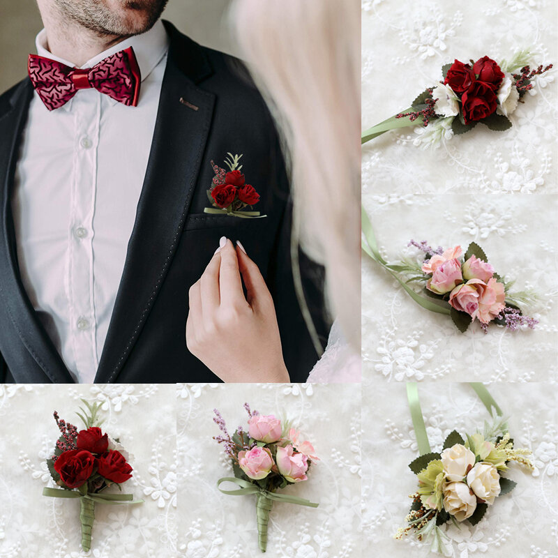 Ślubna dziurka ślubna kwiat na nadgarstek weselna dekoracja Mariage dla pana młodego bututonniere męska dekoracja sztuczna jedwabna róża kwiaty