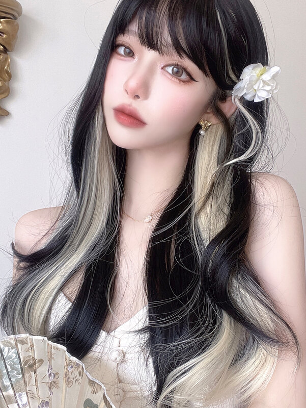 24 Zoll schwarz Highlight Flachs Farbe synthetische Perücken mit Knall lange natürliche glatte Haar Perücke für Frauen täglichen Gebrauch hitze beständig
