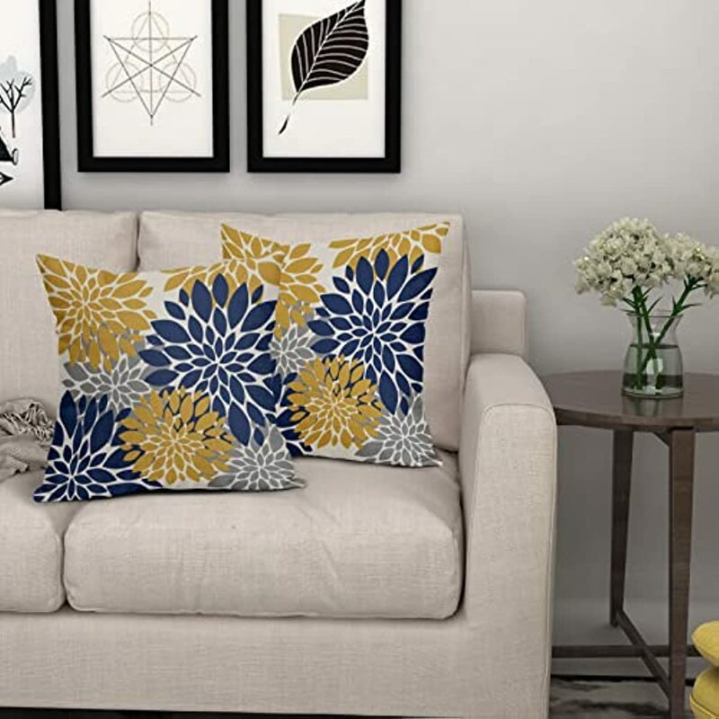 Sarung Bantal Dahlia Sarung Bantal Dekoratif Luar Ruangan Bunga Kuning Biru Navy Sarung Bantal Bunga Geometri Modern Musim Panas Set Isi 2