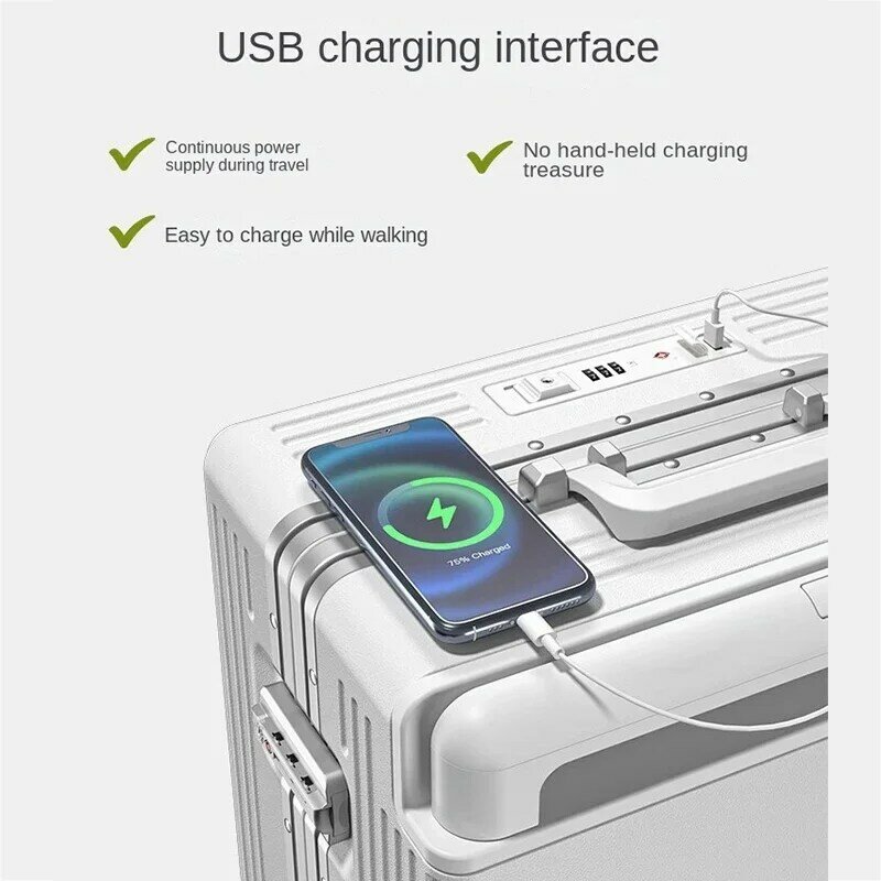 Silver Wide Trolley Luggage Front Opening Multi-Function USB Charging Port 20 Inch Boarding Lockbox Notebook Business Suitcase