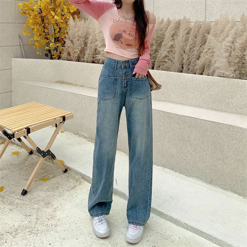 Женские джинсы с высокой талией, прямые свободные джинсы с широкими штанинами
