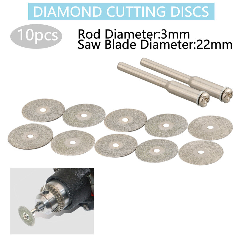 10pcs 22mm Diamond Cutting Discs Cut Off Mini Diamond Saw Blade With 2pcs Connecting 3mm Shank For Dremels Drill Fit Rotary Tool