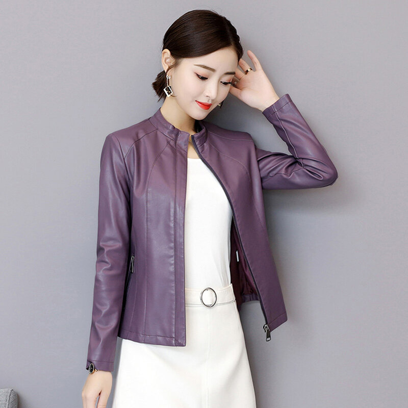 New Women Leather Jacket Autumn Winter Simple Fashion Thick Stand Collar Solid Color Short Sheepskin Coat Slim Outerwear Female