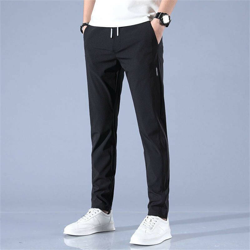 Men's Ice Silk Pants 2024 Summer New Solid Color Thin Business Casual Pants Outdoor Elastic Breathable Straight Leg Sweatpants