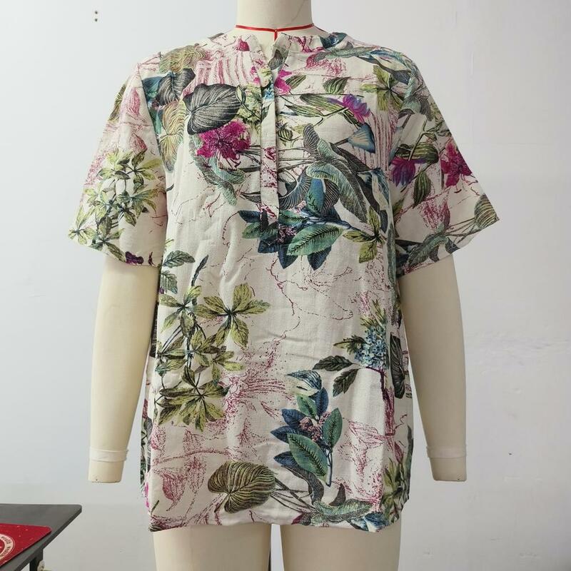 Frauen Sommer lässig Tops O-Ausschnitt Knöpfe halbe Knopfleiste Kurzarm T-Shirt Blumen druck locker sitzen Retro Bluse женская рубашка