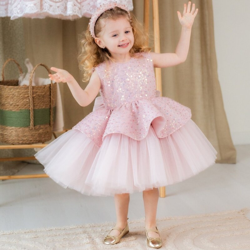 Flower Girl Dresses Light Pink Tulle Sequin With Bow Sleeveless For Wedding Birthday Party First Communion Gowns