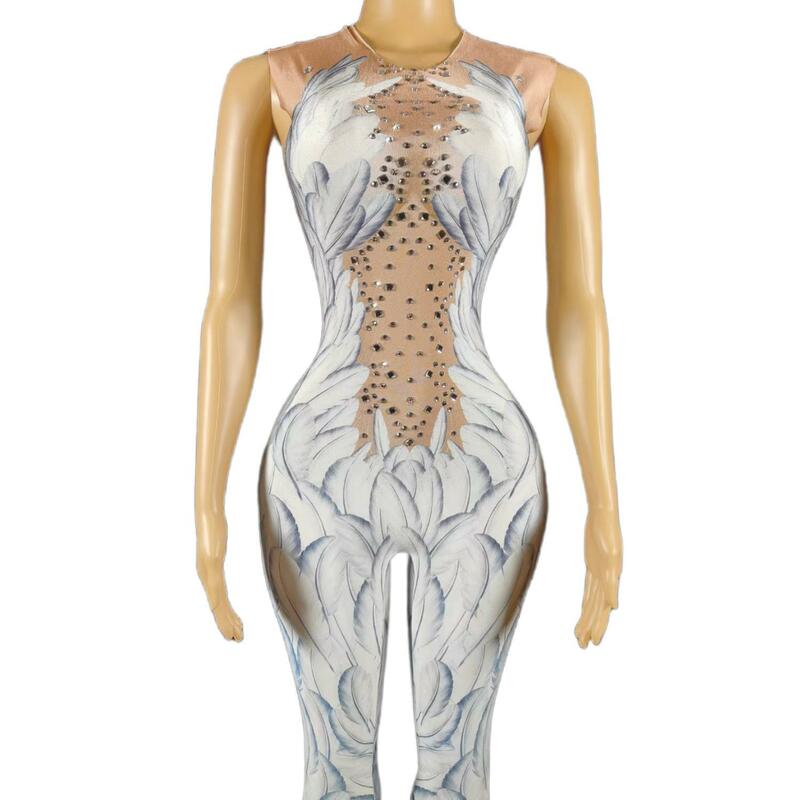 Jumpsuit sayap kristal malaikat Bodysuit cetak 3D bulu putih pakaian dansa penyanyi Nigthclub Romper panggung Rhinestones
