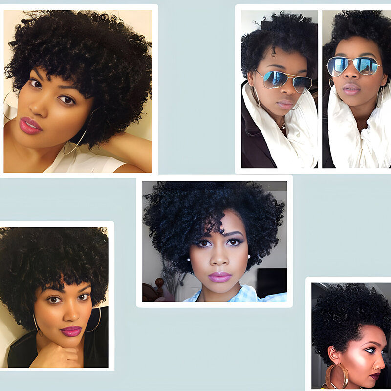 Short Afro Kinky Curly Wigs With Bangs For Black Women Synthetic Ombre Natural Heat Resistant Hair Brown Cosplay Highlight Wigs