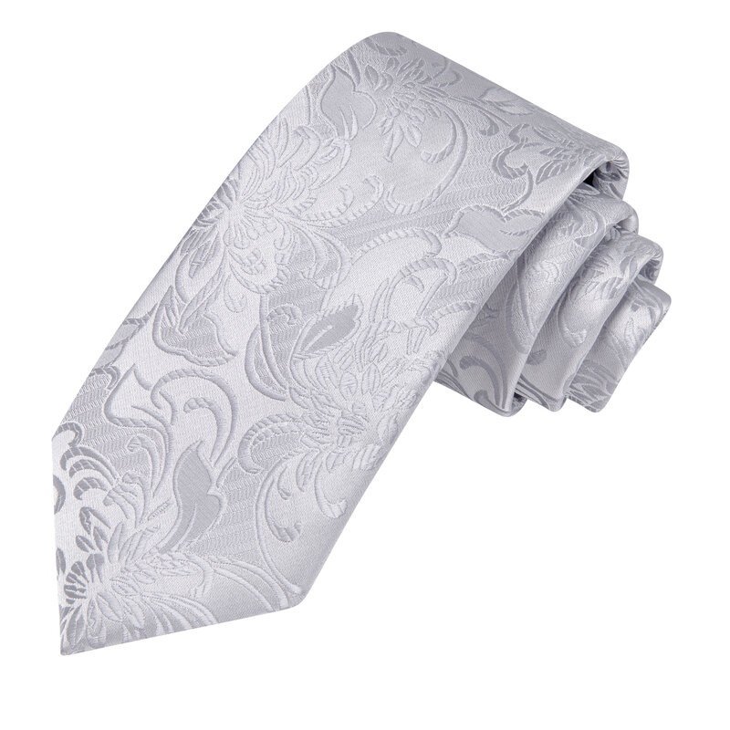 Hi-Tie Designer Silver Floral Gift Elegant Tie for Men Fashion Brand Wedding Party Necktie Handky Cufflinks Wholesale Business