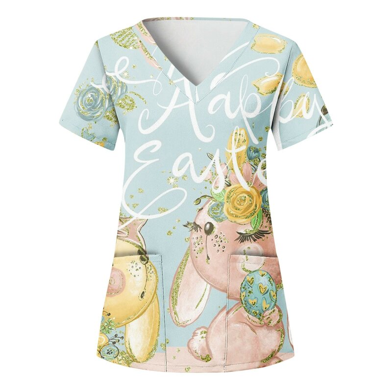 Happy Easter Vrouwen Scrubs Top Korte Mouwen V-hals Pasen Print T Shirts Met Zakken Ontwerpen Rimpel Gratis Zachte Verpleging blouse