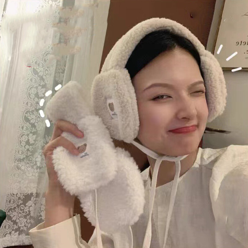 Cute Bear Plush Earmuff Korean Fashion Lace UP Ear Cover Winter Warm Ear Warmer Adults Kids Adjustable Plush Earmuffs Ear Bag