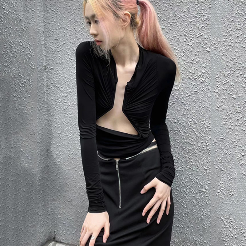 Estilo europeu e americano sexy senhoras oco design modal ajuste malha camiseta preto plissado malha manga longa topos