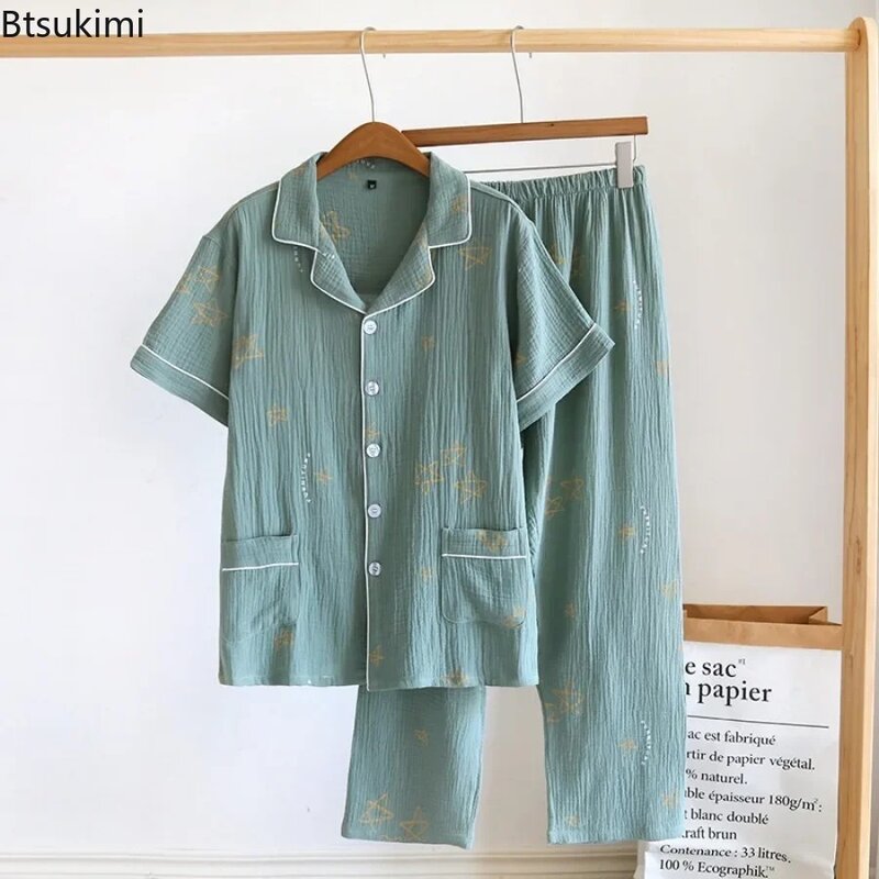 Neue 2024 Herren lässige weiche Pyjama-Sets Star-Print Langarm-Tops und lange Hosen-Sets 2 Stück Baumwolle Homewear Herren Nachtwäsche-Sets