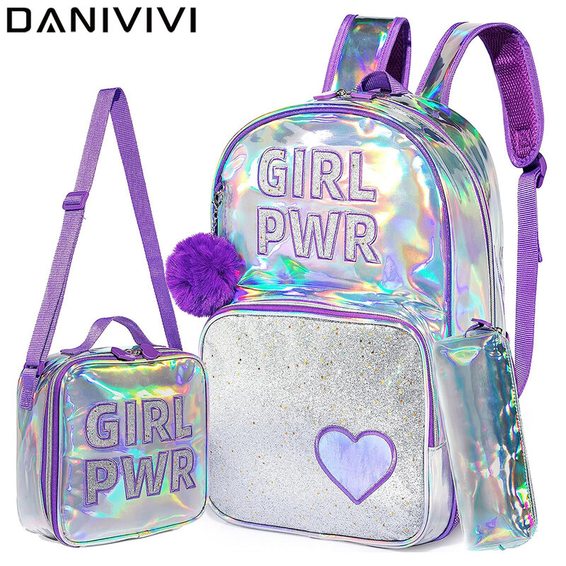 Школьный ранец для девочек, рюкзак с блестками для девочек 16 дюймов и коробка для завтрака, набор женских школьных принадлежностей