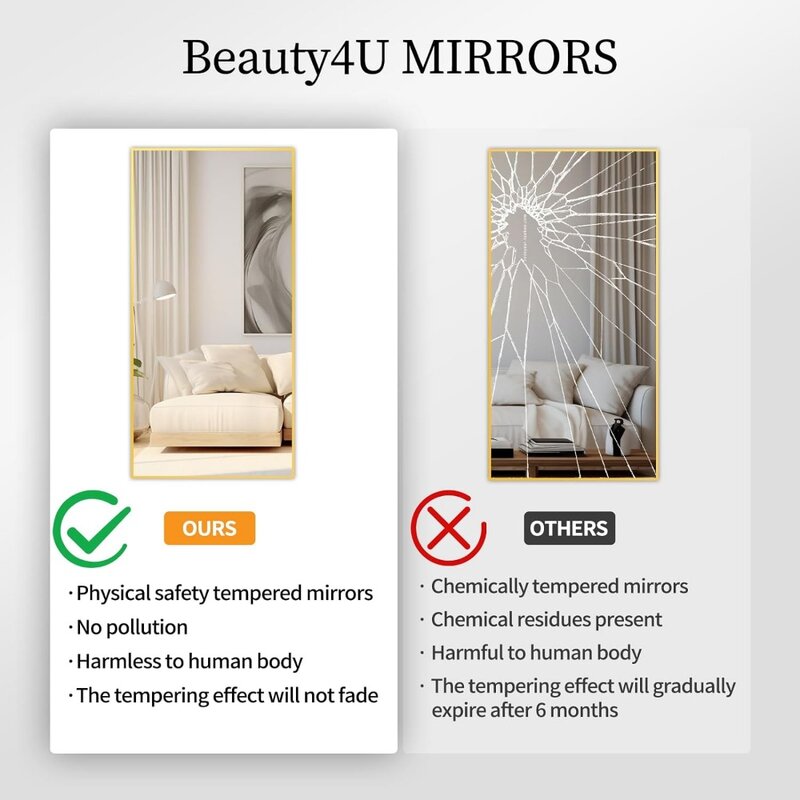 Beauty4U 65X24 전체 길이 거울, 거실용 강화 거울, 전체 바디 미러 장착, 금속 프레임
