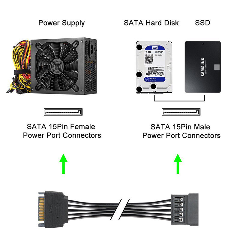 컴퓨터 하드 디스크 인터페이스 전원 코드용 5 선 SATA 15 핀 수-암 연장 케이블, 1-1, 2, 3, 4, 5, 6