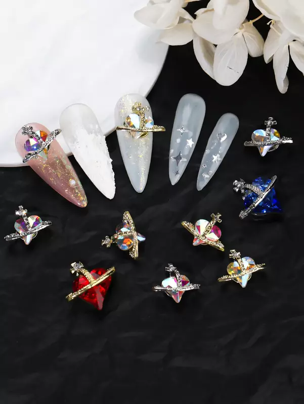 6 Grids Multicolor Rhinestone Saturn Cross Nail Charm Gemstone Crystal Sparkle Luxury Nail Art Decoration Accessory
