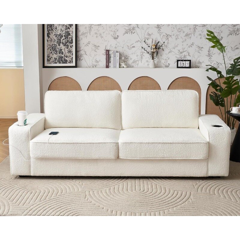 Sofá moderno de 89 pulgadas, mueble cómodo con portavasos y puertos de carga USB, color blanco, para sala de estar