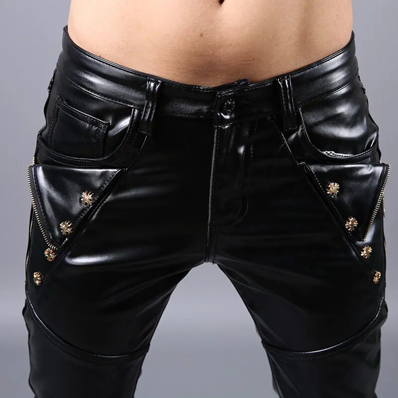 Korean Version of Trendy Rivet Leather Pants Men's New Slim Pencil Pants Punk Rock Motorcycle Trousers Men Fleece Warm PU Pants