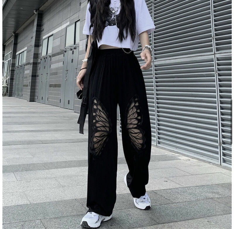 High Waisted Pants New Loose and Slimming Hollow Butterfly Lace Patchwork Straight Leg Casual Pants