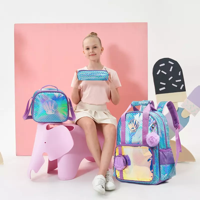 BIKAB-mochila escolar de arcoíris y estrella para niñas, juego de fiambrera para guardería, mochila con lentejuelas brillantes