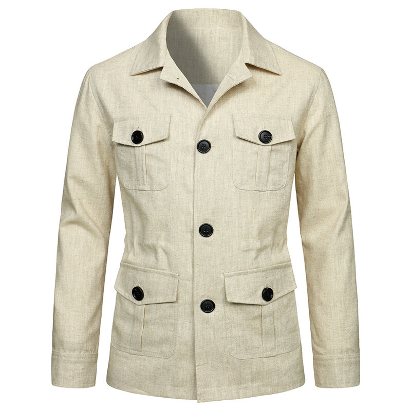 2023 New Spring Linen Jacket Men Multiple Pockets Cargo Jacket Male Fashion Casual Button Coat Plus Size 5XL
