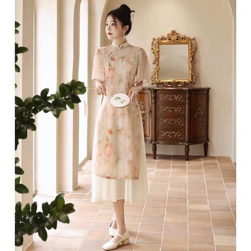 فستان نسائي شيونغسام بطبقات طويلة ، على الطراز الصيني ، الصيف ، اليومي ، المسائي ، التقليدي ، المطرز ، بأكمام قصيرة ، الوردي