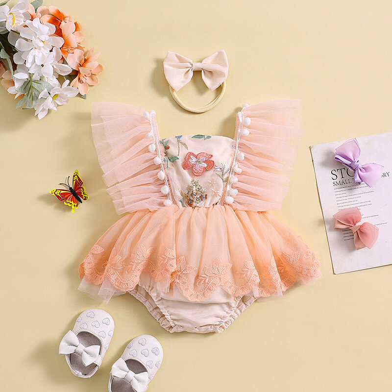 Летние детские комбинезоны VISgogo для девочек, кружевной тюлевый комбинезон с цветочной вышивкой, платье и повязка на голову, милая модная одежда, наряды