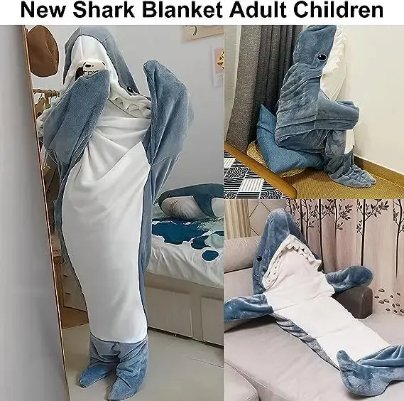 Saco de dormir de tiburón de dibujos animados para niños y adultos, manta de franela suave, pijama de oficina, tela acogedora de alta calidad, sirena