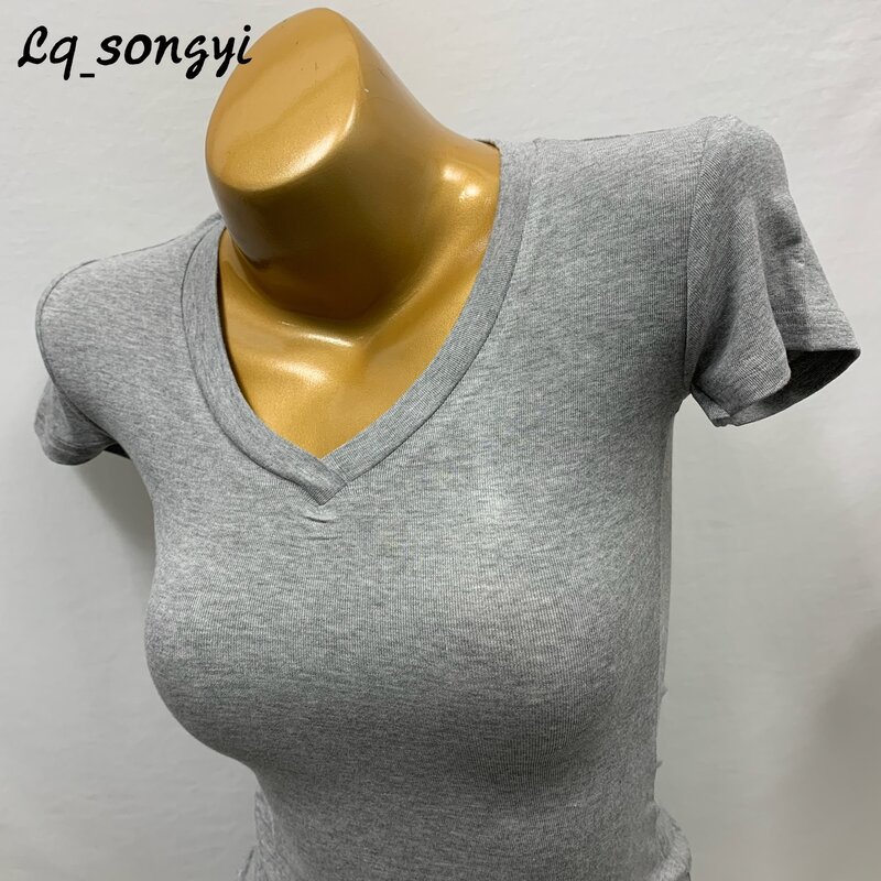 Lq_songyi kaus tipis leher V musim panas atasan Strech Tinggi Wanita Atasan lembut dasar polos kaus ramping seksi lengan pendek baru 2024