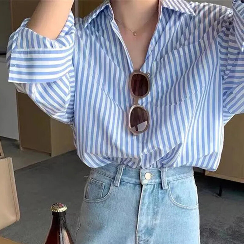 Koszule w paski damskie Y2K Vintage Streetwear topy z długim rękawem koreańskie modne biurowa, damska eleganckie luźne wygodna bluzka nowość