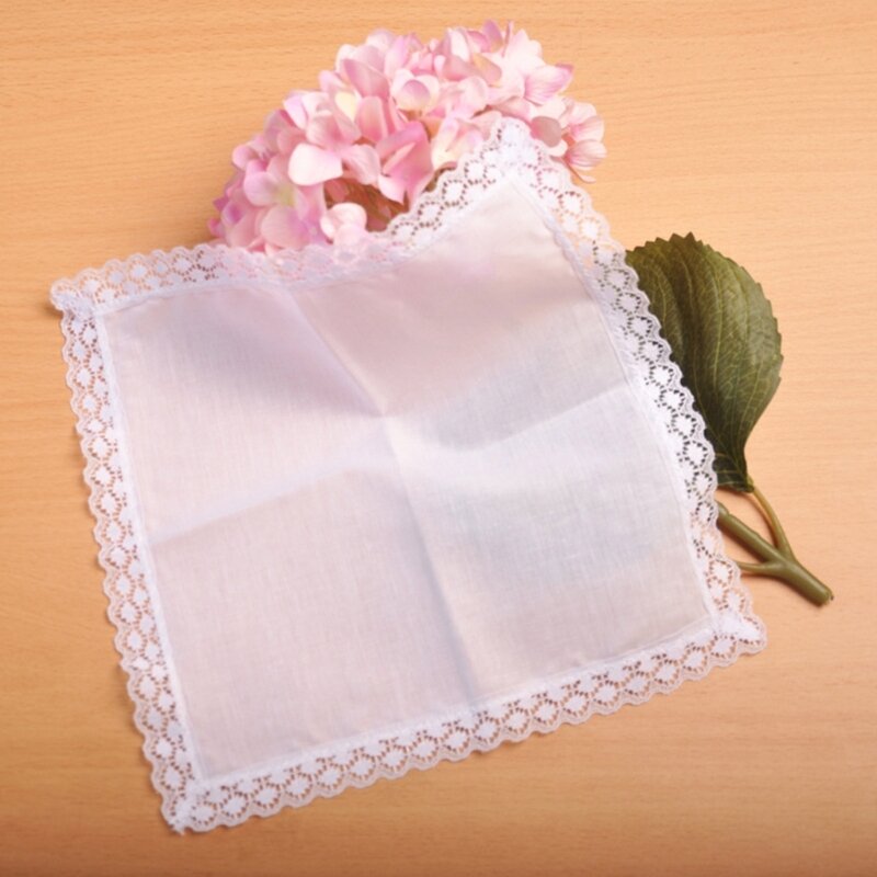Portable Tie-dye Lace Trim Cotton Handkerchief for Woman Man Gentleman White Cotton Handkerchief Lace Trim Dropship