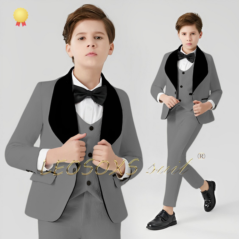Boys' wedding suit formalwear 3-piece set, black velvet-collared jacket, vest, and trousers - a tailored tailcoat for children