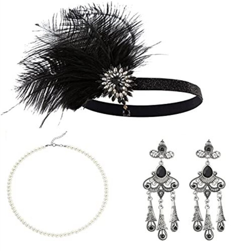 Vintage Flapper Costume 1920s Women Great-Gatsby Headdress Satin Gloves Earrings Necklace Prom Party Accessories Set