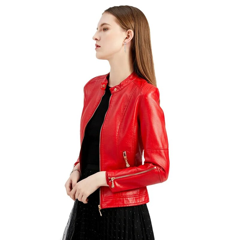 2024 Ladies New Fashion PU Leather Jacket Short Stand Collar Clip Autumn Thin Leather Jacket