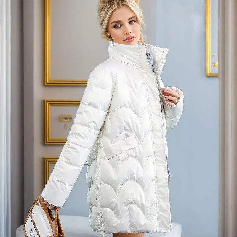 Jaqueta de puffer para baixo brilhante feminina, casacos casuais longos, casacos de pena quente, coreano, inverno