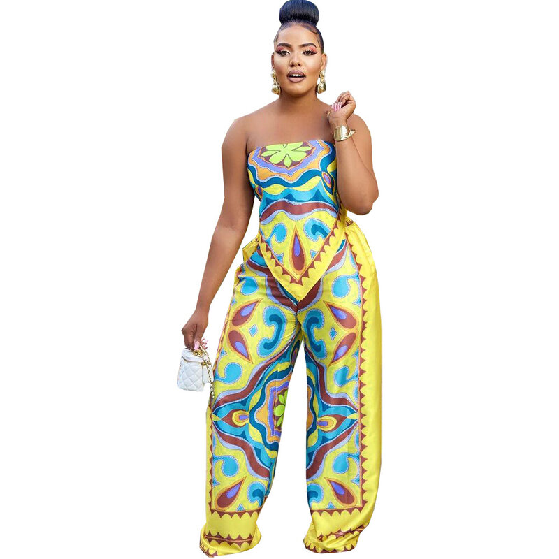 Conjunto de ropa Africana Sexy sin mangas, Top de 2 piezas con estampado de poliéster, azul, amarillo y naranja, pantalones largos a juego, verano 2023