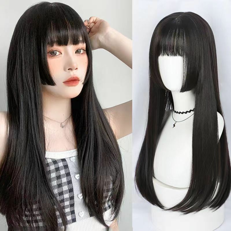 Wig rambut lurus wanita, Wig tanpa lem tahan panas sintetis tampilan alami Lolita rambut putri potongan dengan poni
