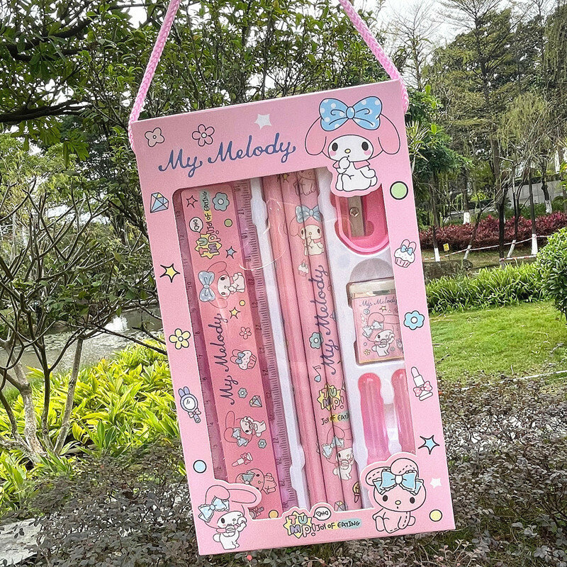 Sanrio Set di cancelleria matita gomma righello Kawaii My Melody Kuromi Cinnamoroll pittura materiale scolastico primario studente regali per bambini