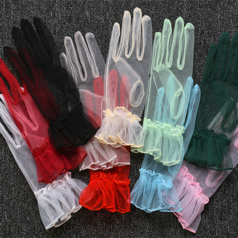 Women Short Tulle Gloves Summer Sexy Lace Mittens Tulle Full Finger Gloves Stretchy Transparent Mitten Wedding Bridal Gloves