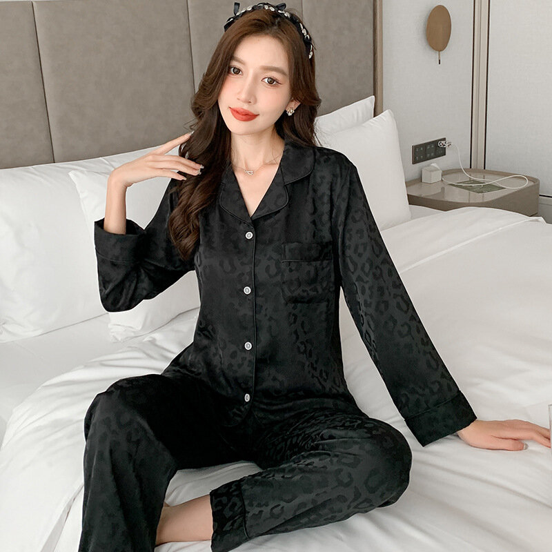 Button-Down Damen Pyjama Set Satin Seide Pyjama für Frauen Langarm Leopard Damen Nachtwäsche Lounge Home Wear Anzug Nachtwäsche