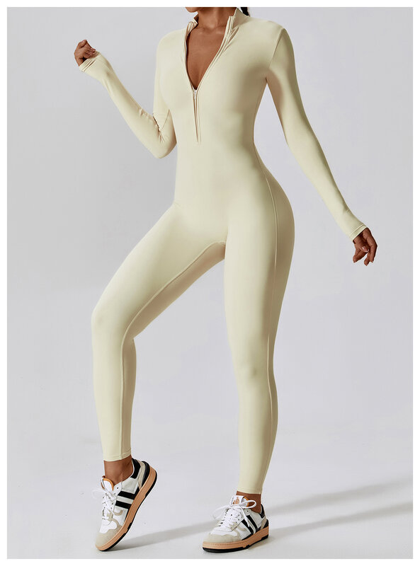 Macacão esportivo de manga comprida com zíper para mulheres, conjunto de ioga, macacão fitness integrado