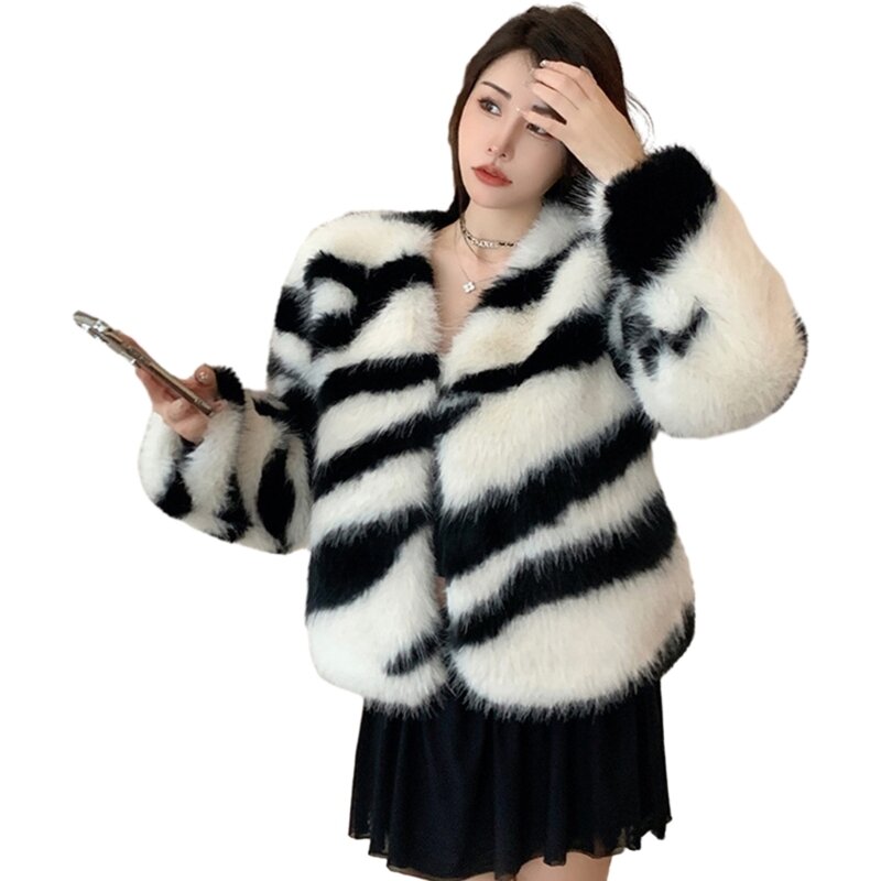 F42F Abrigos invierno para mujer, Chaqueta corta lana, chaquetas piel sintética, ropa abrigo cálida y peluda para