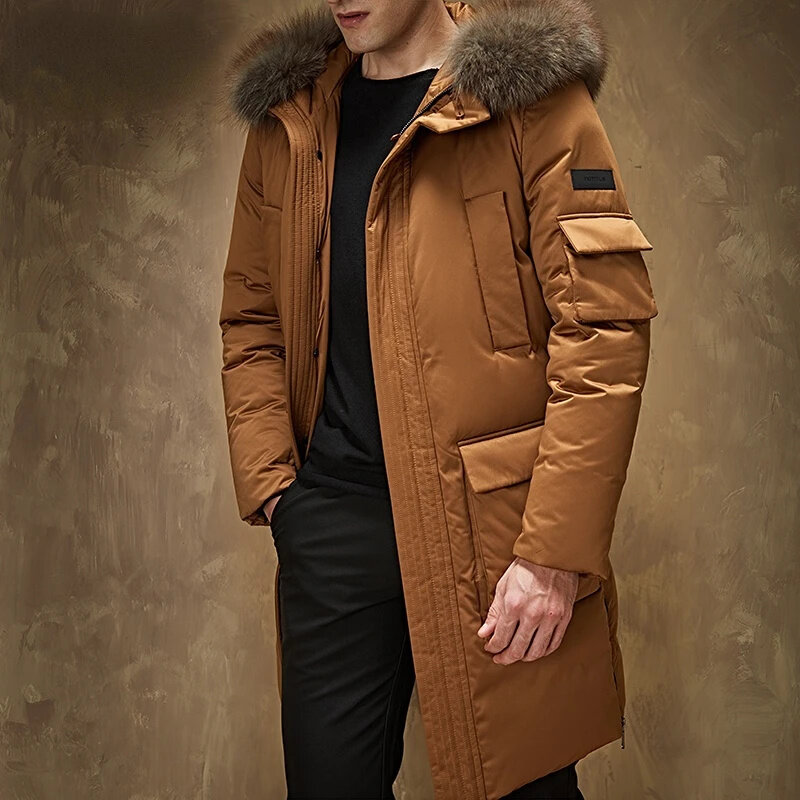 남성용 중형 롱 90% 화이트 구스 다운 재킷, 대형 퍼 칼라, 겨울 재킷